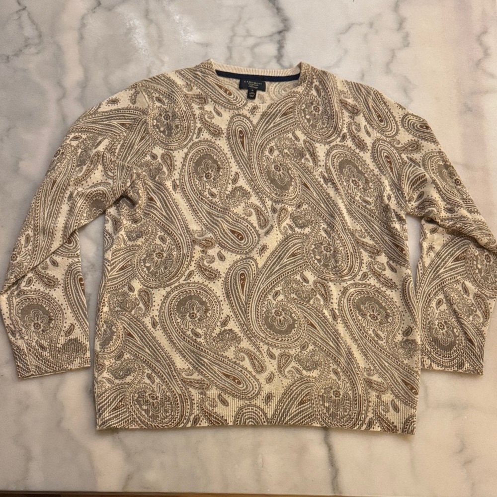 Cashmere Club Room Luxury Cream Paisley Crewneck Sweater - Men’s XL